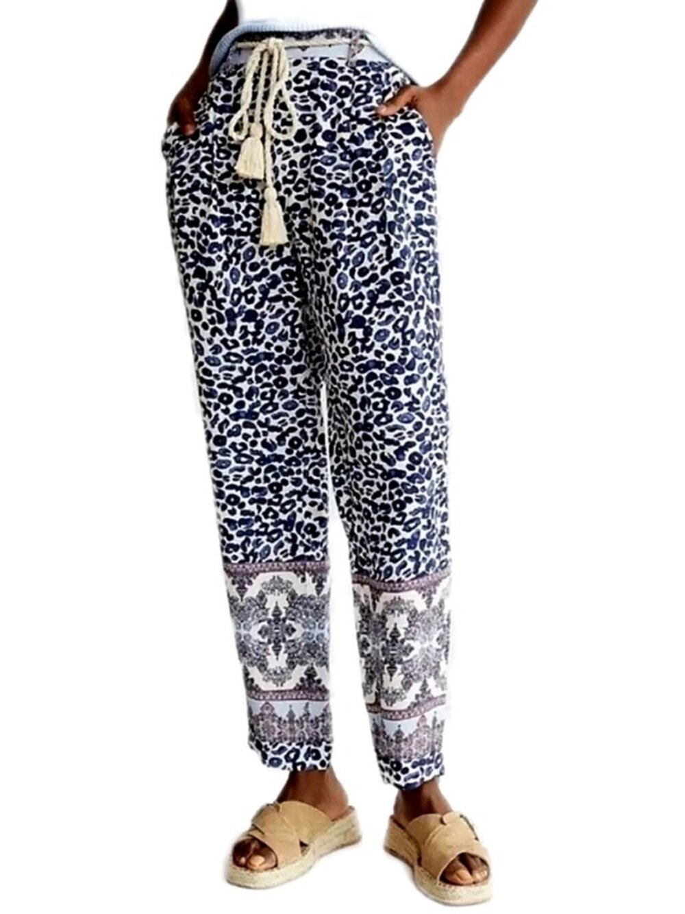 Anthropologie Ollari Women’s Pants Lounge Tasseled Tapered Pants Animal Print X